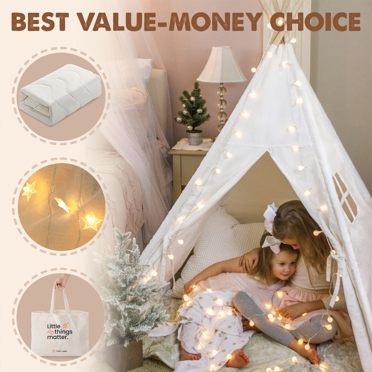 Two children sit inside a white Cozy Kids Teepee Tent with Padded Mat decorated with string lights, with circular insets showing the padded floor mat, star-shaped lights, and a carrying bag.