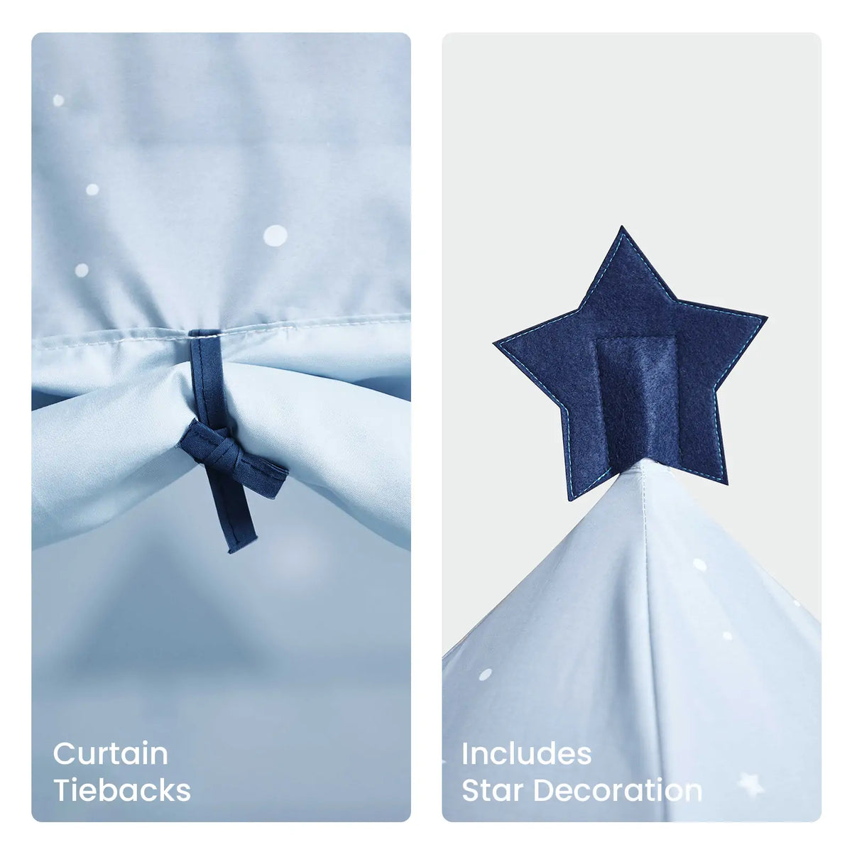 Light blue play tent curtains secured with tiebacks and a dark blue felt star decoration at the peak of the Starry Indoor Play Tent for Toddlers.