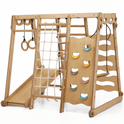 The 6in1 Indoor Jungle Gym for Toddler includes a playground, swings set, slide board, rope, stairs, and more—offering active indoor play with colorful climbing holds, gymnastic rings, and ladder all in one wooden set.