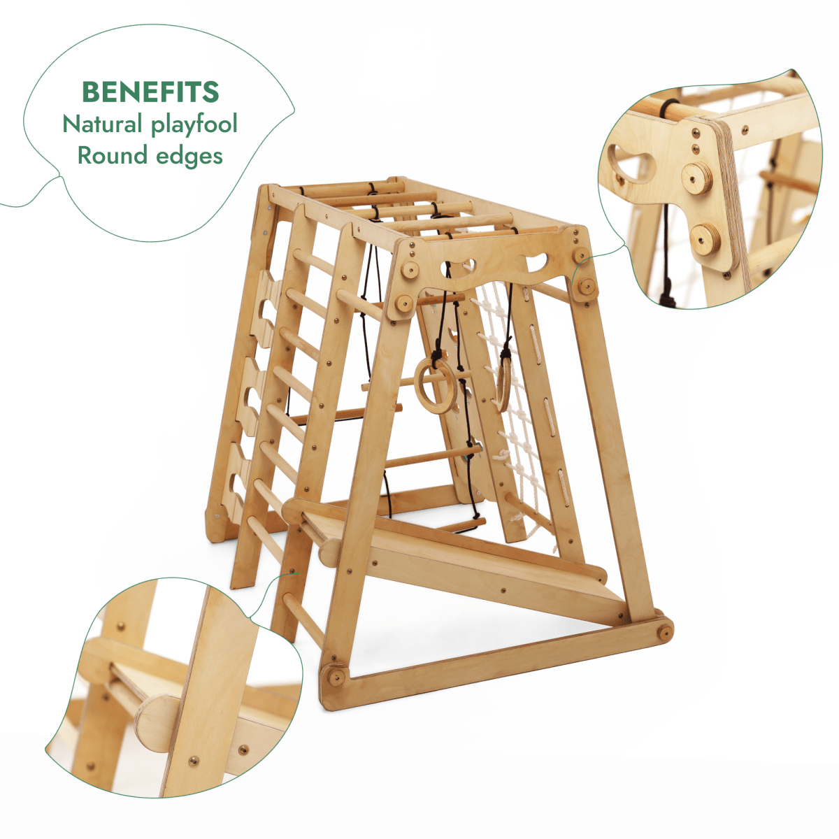 6in1 Indoor Jungle Gym for Toddlers—playground with swings, slide board, rope, and stairs. Features close-up insets of smooth round edges and natural wood. Text reads: “BENEFITS: Natural playfool, Round edges.”.
