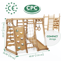 6in1 Indoor Jungle Gym for Toddler includes playground, swings set, slide board, rope, and stairs. Size: 43.31 tall x 38.98 deep x 48.82 wide. CE and CPC certified with compact indoor storage.