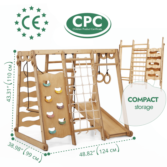 6in1 Indoor Jungle Gym for Toddler includes playground, swings set, slide board, rope, and stairs. Size: 43.31 tall x 38.98 deep x 48.82 wide. CE and CPC certified with compact indoor storage.