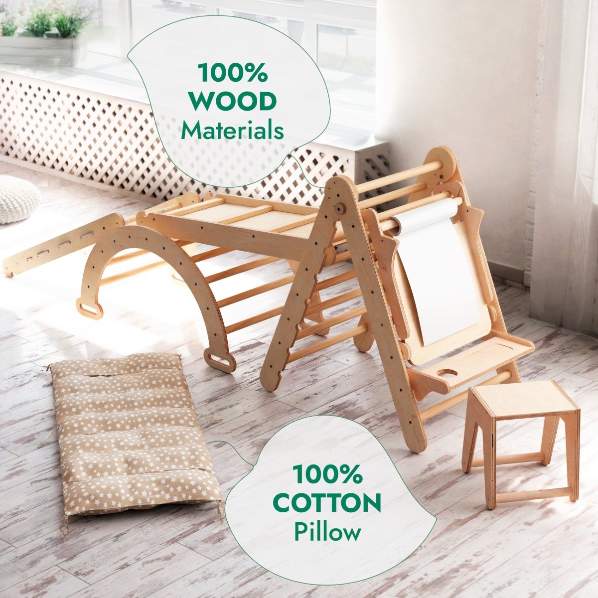 The 6in1 Montessori Climbing Set—featuring a triangle ladder, arch/rocker, slide/ramp, net, cushion, and art addition—is shown indoors atop a light wood floor. A polka dot cotton pillow rests nearby. Designed to foster holistic child development, this multifunctional play equipment is crafted from 100% wood materials and comes with a 100% cotton pillow. Sunlight streams through a window as the climbing arch and stool invite imaginative play.