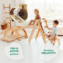 Two young children play in a sunlit room equipped with the 6in1 Montessori Climbing Set: Triangle Ladder + Arch/Rocker + Slide/Ramp + Net + Cushion + Art Addition. One climbs and explores the sturdy structure while another creates at a small table, making use of the built-in art addition. Text bubbles highlight fun, active play, and creativity, demonstrating how this multifunctional set supports holistic child development through both movement and imaginative expression.