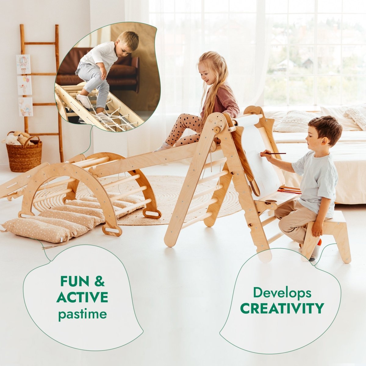 Two young children play in a sunlit room equipped with the 6in1 Montessori Climbing Set: Triangle Ladder + Arch/Rocker + Slide/Ramp + Net + Cushion + Art Addition. One climbs and explores the sturdy structure while another creates at a small table, making use of the built-in art addition. Text bubbles highlight fun, active play, and creativity, demonstrating how this multifunctional set supports holistic child development through both movement and imaginative expression.