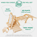 Brand Good Jevas is shown at the top. The 6in1 Montessori Climbing Set features a triangle ladder, arch/rocker, slide/ramp, net, cushion, and art addition. This multifunctional play equipment supports holistic child development with easy assembly, no paints (eco oil cover), and is made from 100% wood material.