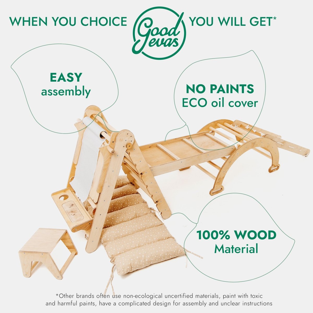 Brand Good Jevas is shown at the top. The 6in1 Montessori Climbing Set features a triangle ladder, arch/rocker, slide/ramp, net, cushion, and art addition. This multifunctional play equipment supports holistic child development with easy assembly, no paints (eco oil cover), and is made from 100% wood material.