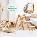 The 6in1 Montessori Climbing Set—featuring a Triangle Ladder, Arch/Rocker, Slide/Ramp, Net, Cushion, and Art Addition—sits in a cozy beige-decor room with cushions, a small stool, and a bed. An inset showcases the multifunctional set being used as an art station. Text reads: ARTSET Two options for use.