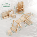 The 6in1 Montessori Climbing Set—featuring a Triangle Ladder, Arch/Rocker, Slide/Ramp, Net, Cushion, and Art Addition—is displayed in multiple assembled configurations: slide, ladder, desk, bench, and compact folded storage. Dimensions for each setup are shown beside the structures. Designed to promote holistic child development and spark creative exploration, this multifunctional playset highlights Easy Transform & STORAGE.