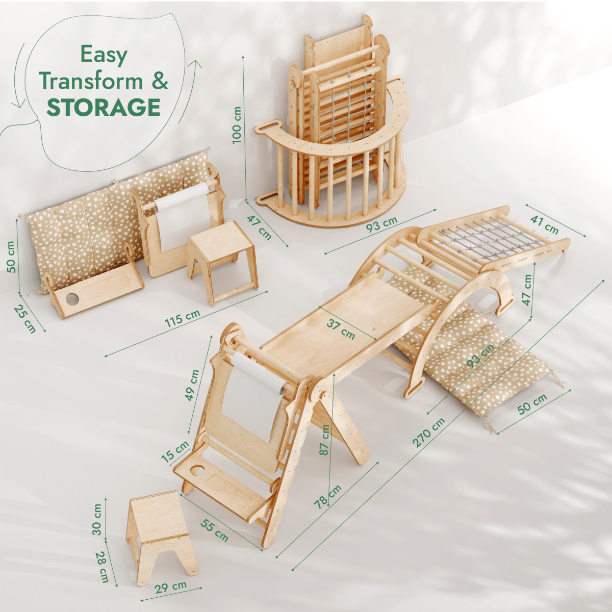 The 6in1 Montessori Climbing Set—featuring a Triangle Ladder, Arch/Rocker, Slide/Ramp, Net, Cushion, and Art Addition—is displayed in multiple assembled configurations: slide, ladder, desk, bench, and compact folded storage. Dimensions for each setup are shown beside the structures. Designed to promote holistic child development and spark creative exploration, this multifunctional playset highlights Easy Transform & STORAGE.
