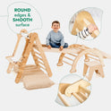 A young child sits on the 6in1 Montessori Climbing Set, which features a triangle ladder, arch/rocker, slide/ramp, net, and comes with both a cushion and an art addition. Close-up insets highlight the set’s rounded edges and smooth surfaces. The included cushion is placed at the base of the ramp for extra comfort and safety—turning this multifunctional play equipment into a supportive solution for holistic child development.