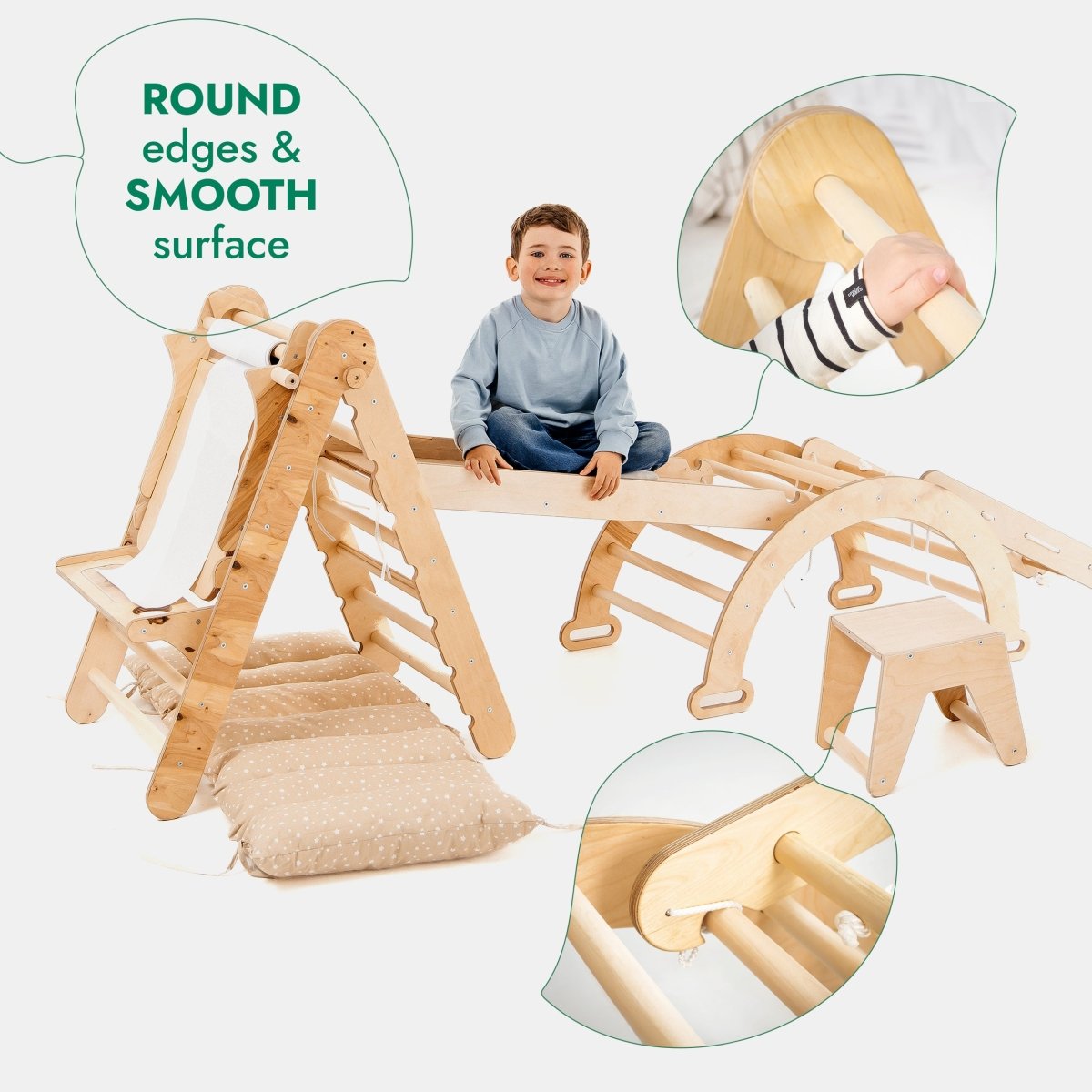 A young child sits on the 6in1 Montessori Climbing Set, which features a triangle ladder, arch/rocker, slide/ramp, net, and comes with both a cushion and an art addition. Close-up insets highlight the set’s rounded edges and smooth surfaces. The included cushion is placed at the base of the ramp for extra comfort and safety—turning this multifunctional play equipment into a supportive solution for holistic child development.
