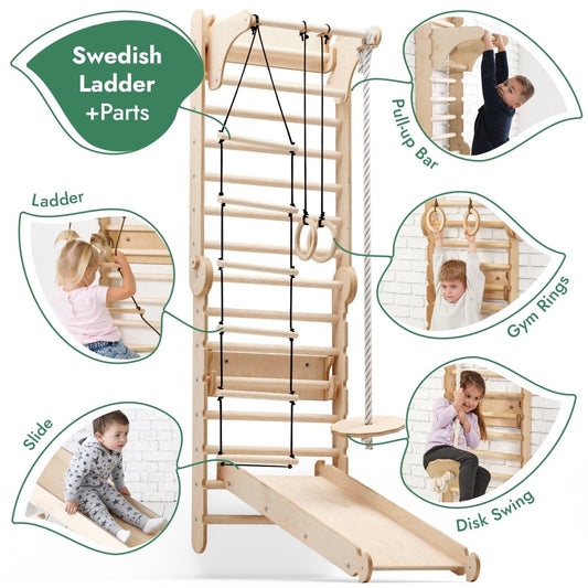 The 6in1 Wooden Swedish Wall / Climbing Ladder for Children + Swing Set + Slide Board is shown with kids using the rope, rings, slide, pull-up bar, and disk swing in labeled circles to inspire indoor play ideas.
