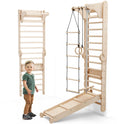 A young child stands next to the 6in1 Wooden Swedish Wall / Climbing Ladder for Children, which includes a swing set and slide board. Another view of this versatile indoor play equipment appears in the background.