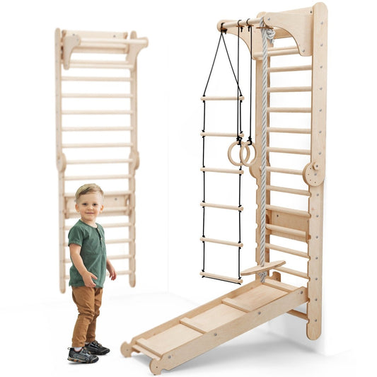 A young child stands next to the 6in1 Wooden Swedish Wall / Climbing Ladder for Children, which includes a swing set and slide board. Another view of this versatile indoor play equipment appears in the background.