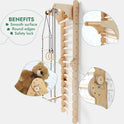 The 6in1 Wooden Swedish Wall includes a kids’ indoor climbing ladder, swing set, and slide board. It features smooth surfaces, rounded edges, a safety lock, rope elements, and cute teddy bear decor in the illustrations.