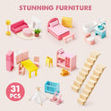 The Tiny Land® Sweetwood Love Dollhouse without Dolls includes 31 colorful miniature furniture pieces—sofa, bed, dining table, kitchen appliances, stairs, crib, and more—perfect for imaginative play in a wooden dollhouse. Text reads: STUNNING FURNITURE.