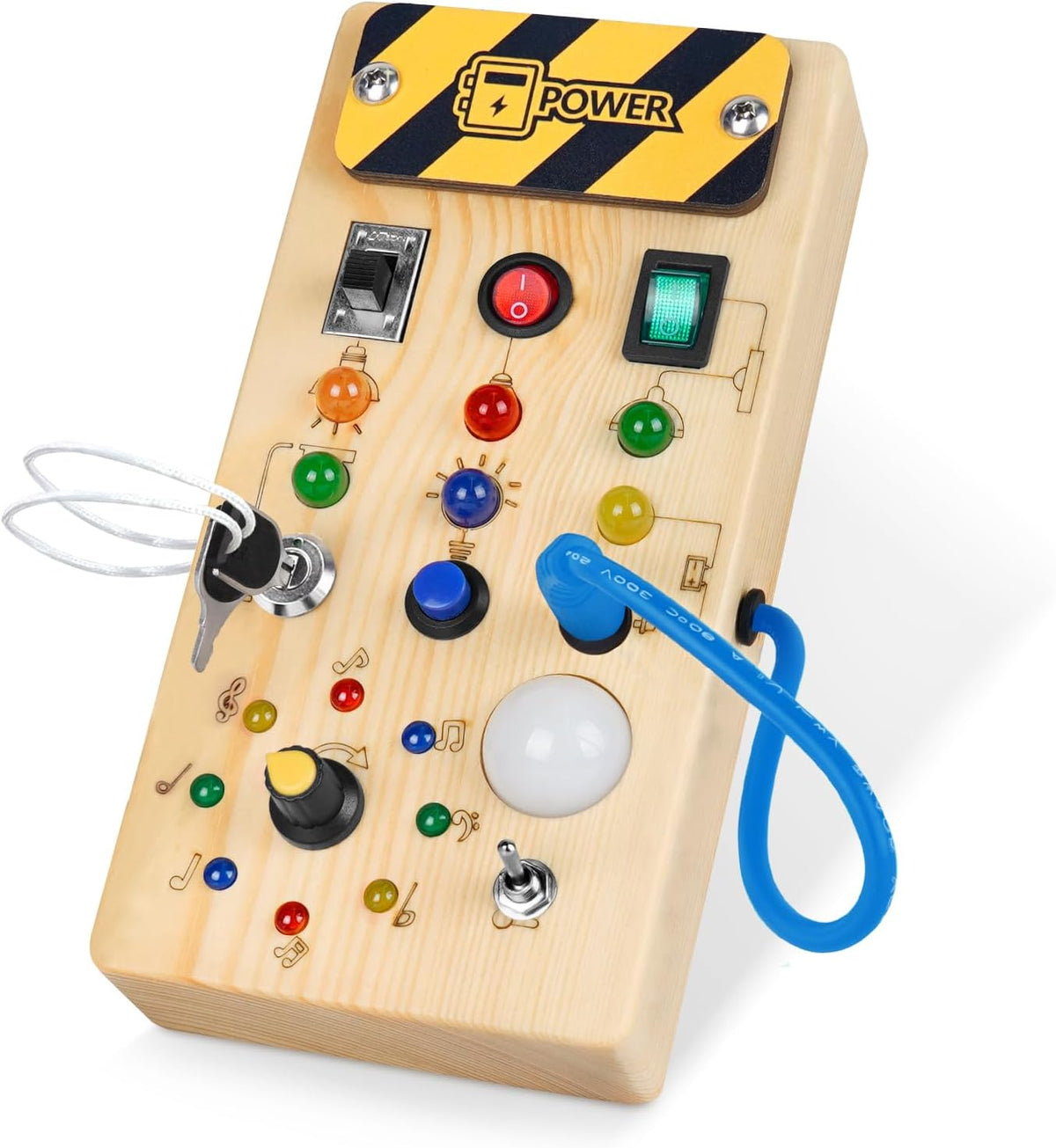 A Montessori LED Light-Switch Busy Board with a wooden base, sensory switches, colorful LED lights, a key-lock mechanism, and a blue power cable plug designed to help develop fine motor skills.