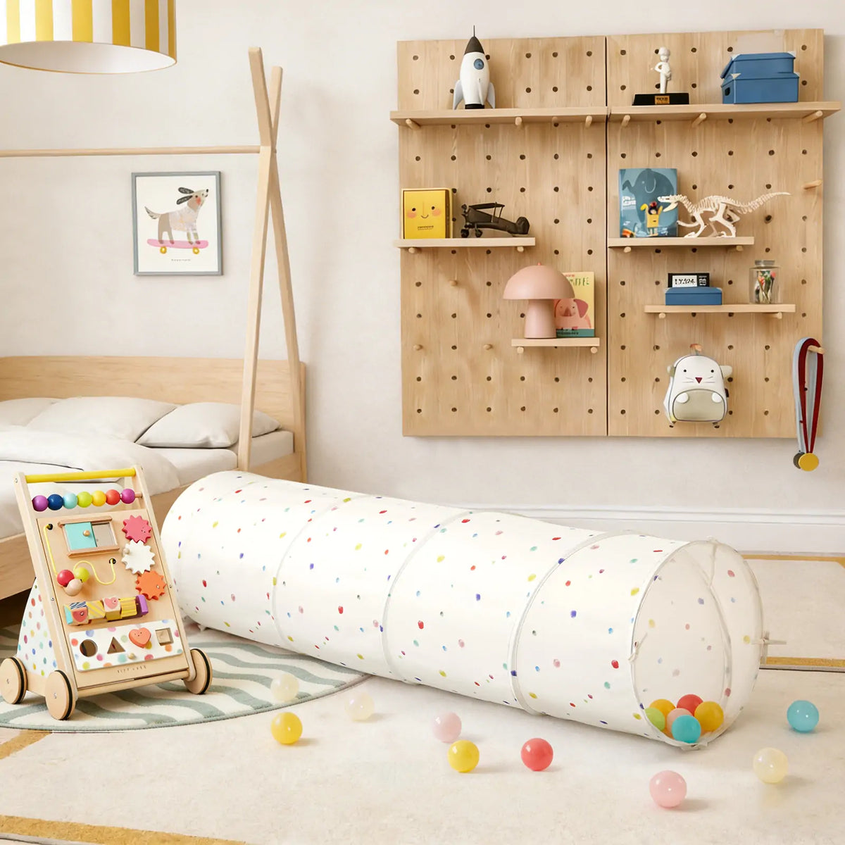 Collapsible white Adventure Crawl Tunnel (68″) with colorful polka dots, resting on a nursery floor with several small plastic play balls nearby.