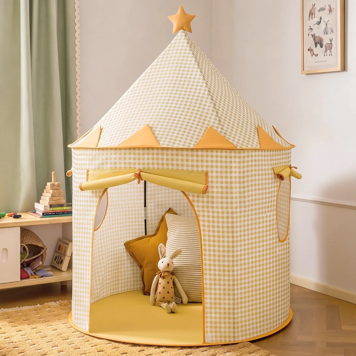 Starry Indoor Play Tent for Toddlers in yellow gingham with a star topper, featuring a stuffed rabbit and pillows inside this cozy kids clubhouse.