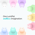 Six pastel Honey the Hippo Silicone Night Lights arranged in a circle around the text One LumiPet endless imagination, providing a soothing light for children.