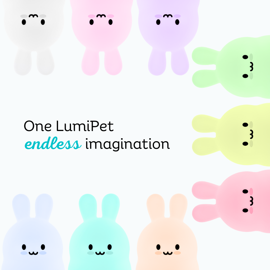 Nine pastel-colored, glowing Baxter the Bunny Silicone Night Lights arranged in a border around the text One LumiPet endless imagination.