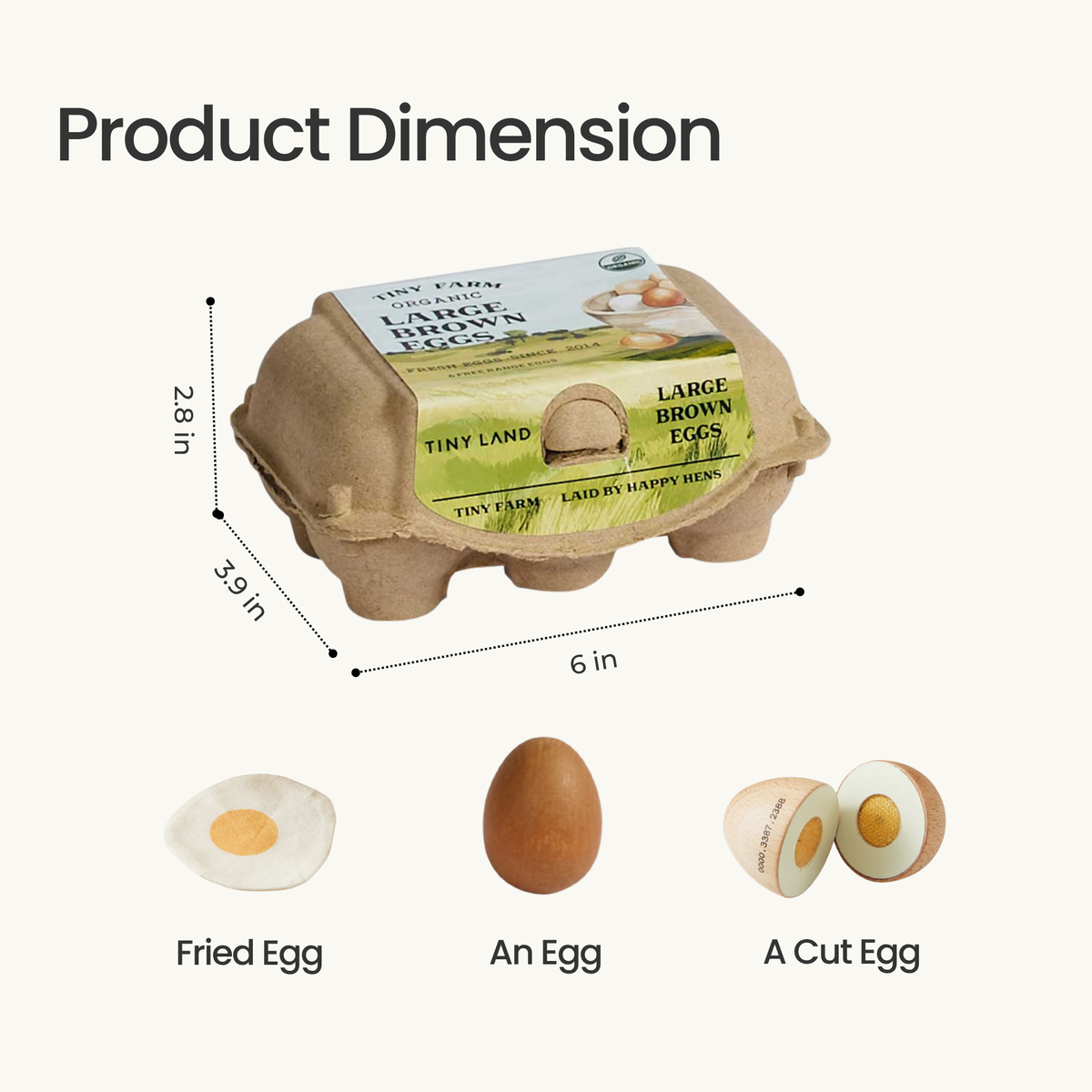 A Wooden Egg Breakfast Play Set (6 pc) featuring a labeled cardboard carton containing a fabric fried egg, a wooden whole egg, and a wooden egg that separates into two halves.