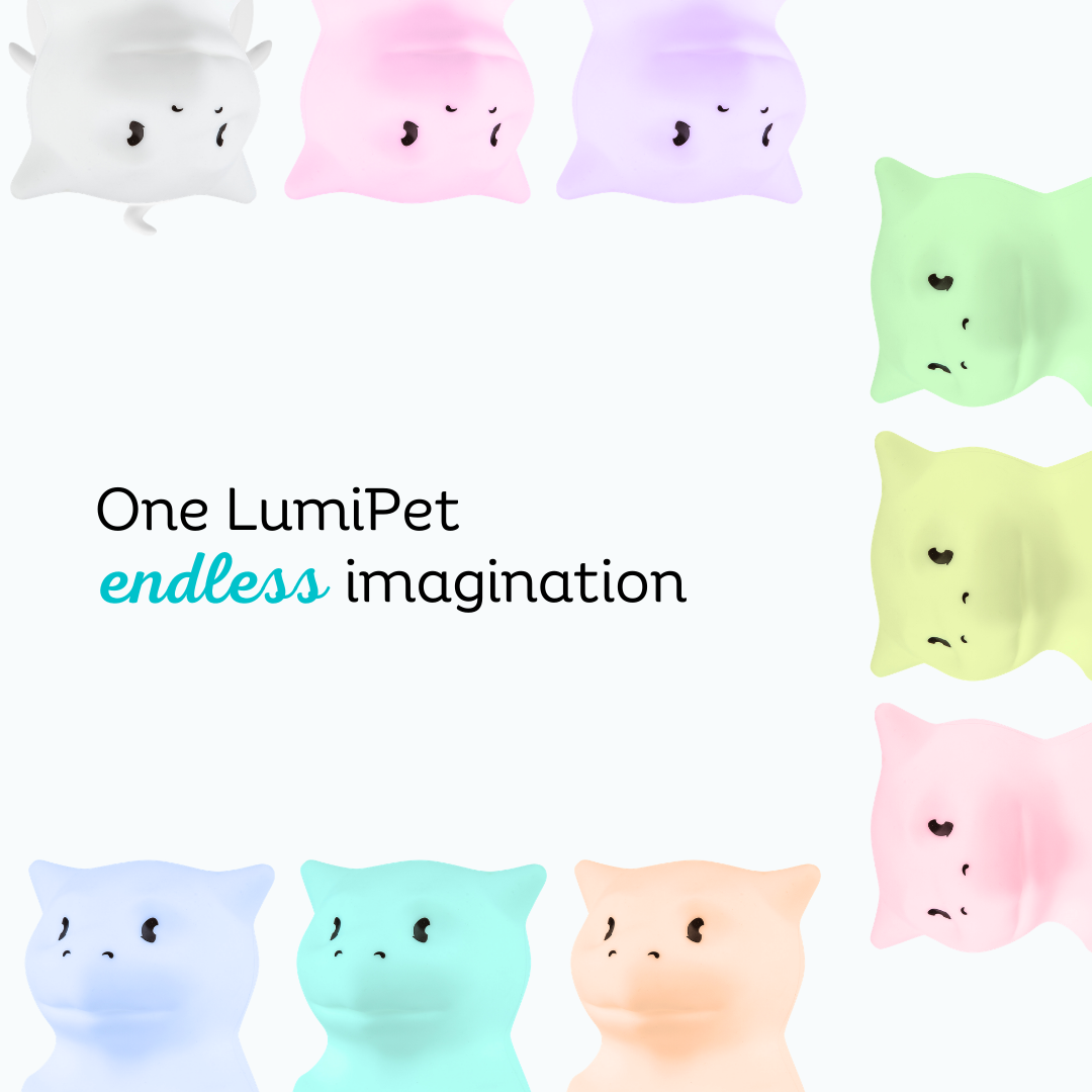 Nine small, colorful Dragon Silicone Night Light toys arranged around the text One LumiPet endless imagination, each serving as a soothing bedtime companion.