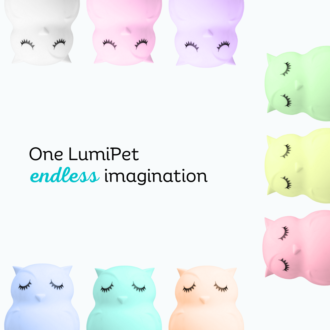 Eight pastel Opal the Owl Silicone Night Light lamps surround text that reads, One LumiPet endless imagination, perfect for a calming bedtime routine.
