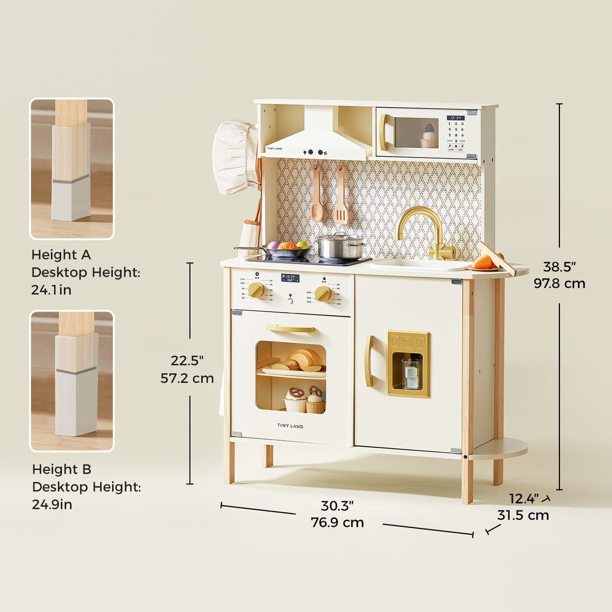 The PopJoy Play Kitchen with Lights & Sounds featuring a stove, microwave, sink, and accessories, annotated with height, width, and depth dimensions.