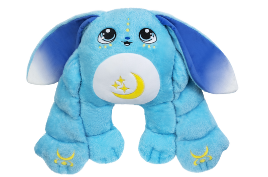 Bo the Moon Pal – 5 lb Weighted Plush is a blue rabbit-shaped weighted pillow featuring a crescent moon and stars on its belly and feet.