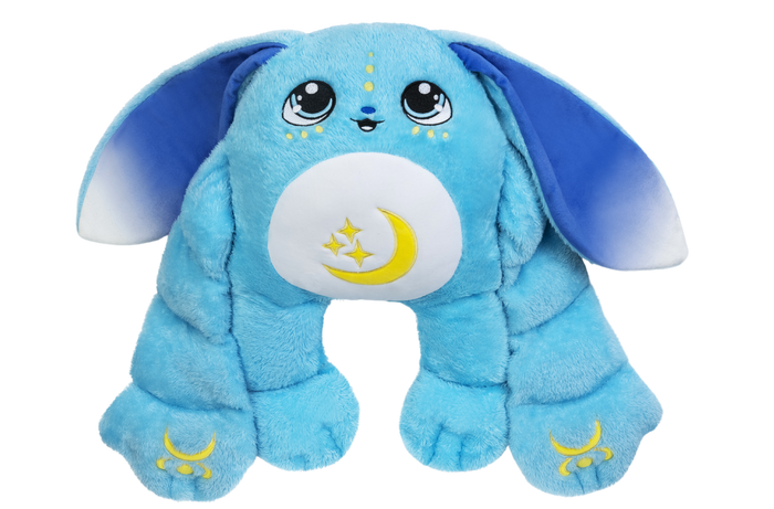 Bo the Moon Pal – 5 lb Weighted Plush is a blue rabbit-shaped weighted pillow featuring a crescent moon and stars on its belly and feet.