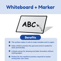 A small whiteboard with ABC written on it, a marker, and a list of early reading benefits for children learning to write are included in the Kindergarten Readiness Backpack.