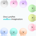 Nine colorful Luther the Lion Silicone Night Lights arranged in a circle around the text One LumiPet endless imagination, showcasing a rechargeable, color-changing design.