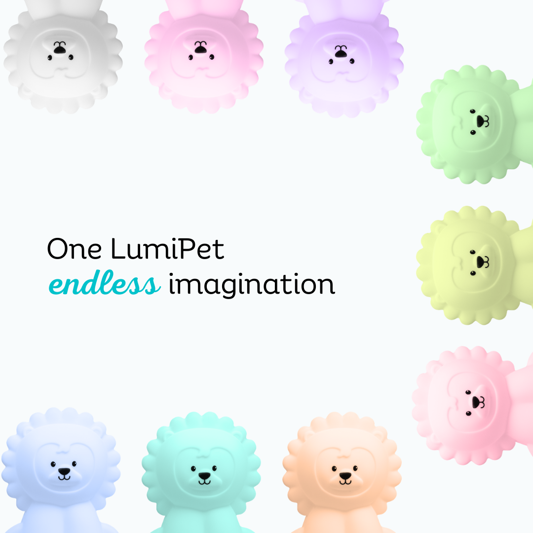 Nine colorful Luther the Lion Silicone Night Lights arranged in a circle around the text One LumiPet endless imagination, showcasing a rechargeable, color-changing design.