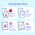 Graphic explaining Squishyland + Expansion Pack Bundle reading set card types, featuring examples of Gem, Shark, Pink Gem, and Clownfish Challenge cards with instructions for movement on the game board in these phonics games.