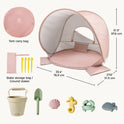 Kids Beach Tent & Sand Toy Set featuring a UV-protective pop-up tent, carry bag, ground stakes, bucket, shovel, and four sea-creature-shaped sand molds with dimensions.