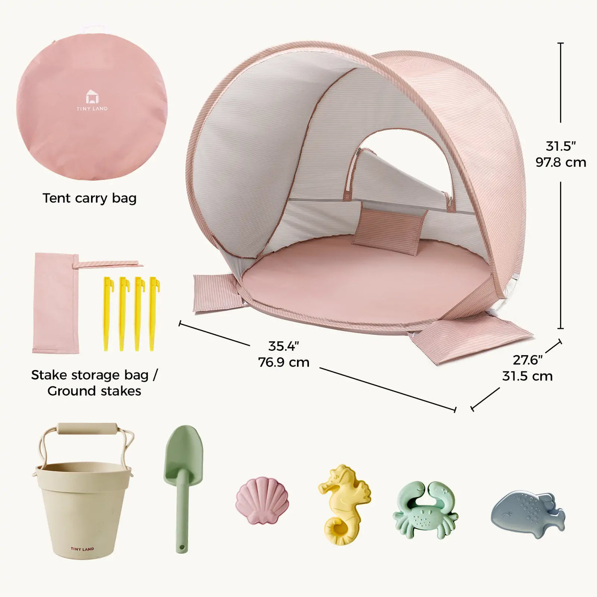 Kids Beach Tent & Sand Toy Set featuring a UV-protective pop-up tent, carry bag, ground stakes, bucket, shovel, and four sea-creature-shaped sand molds with dimensions.