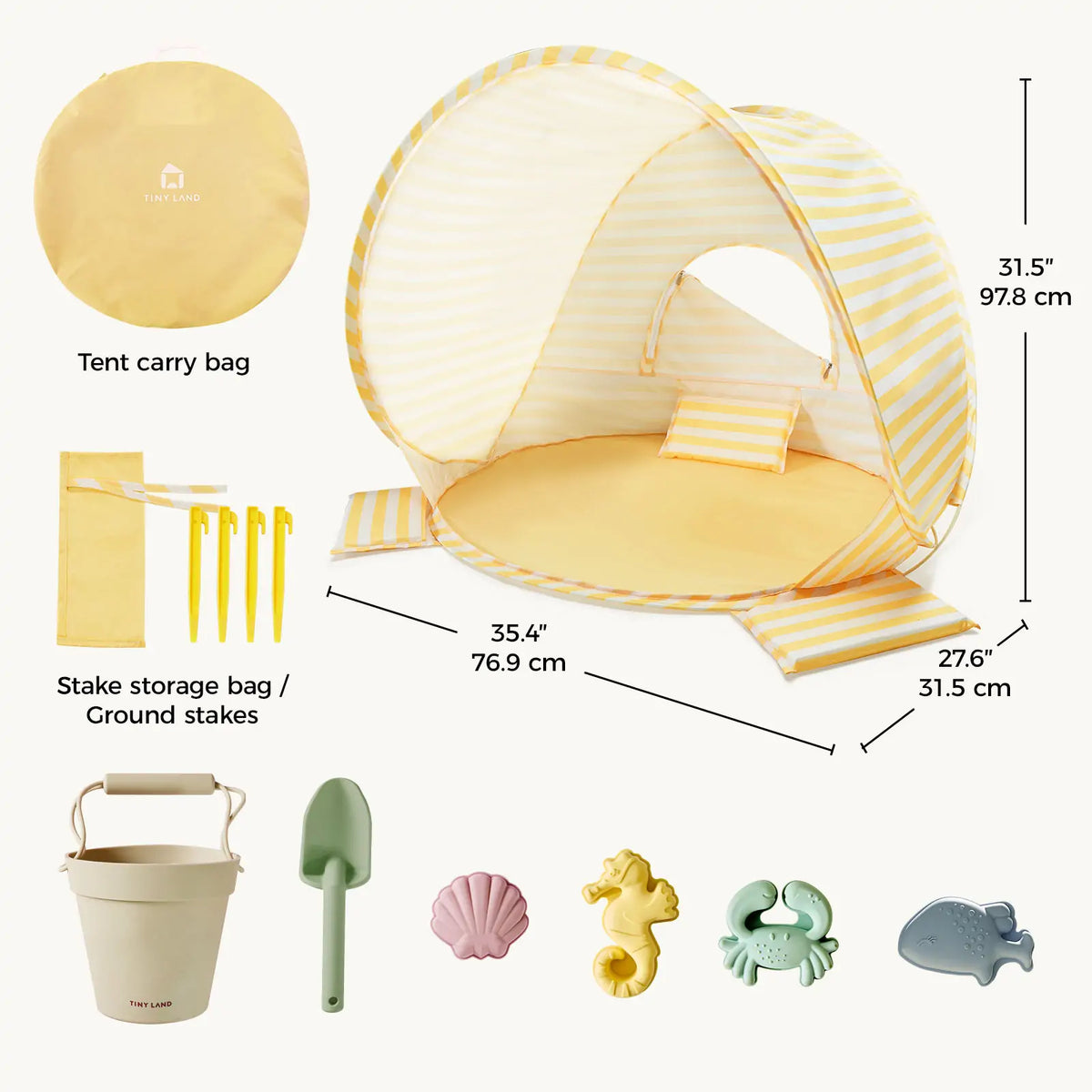 Kids Beach Tent & Sand Toy Set featuring a yellow-and-white striped pop-up beach tent with dimensions, a carry bag, four ground stakes, a bucket, a shovel, and four sea creature-shaped sand molds.