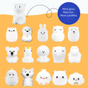 A collection of fifteen white silicone night lights, including a Dragon Silicone Night Light, cat, dog, rabbit, owl, bear, koala, unicorn, lion, elephant, hippo, penguin, fox, chick, pig, and cloud acting as soothing bedtime toys.