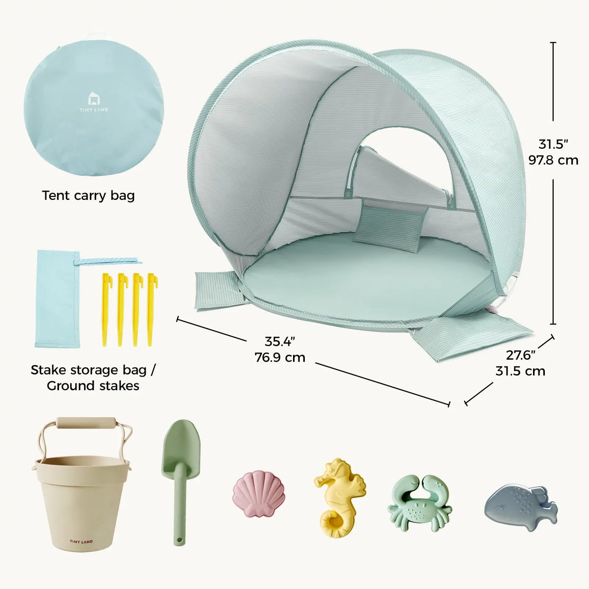 Kids Beach Tent & Sand Toy Set featuring a pop-up tent with dimensions and a carry bag, four ground stakes, and a sand toy set with a bucket, shovel, and seashell, seahorse, crab, and fish molds.