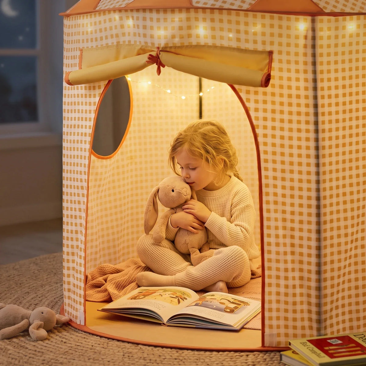 A young girl sits inside a Starry Indoor Play Tent for Toddlers, hugging a stuffed bunny while looking at an open book.