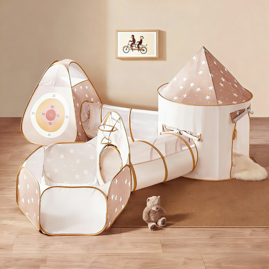 The Tiny Land® Discovery 5-in-1 Play Tunnel With no Balls, featuring a star-patterned playhouse, tunnel, and target area, is set up on a wooden floor with a nearby teddy bear and a picture of two people riding a bike on the wall.