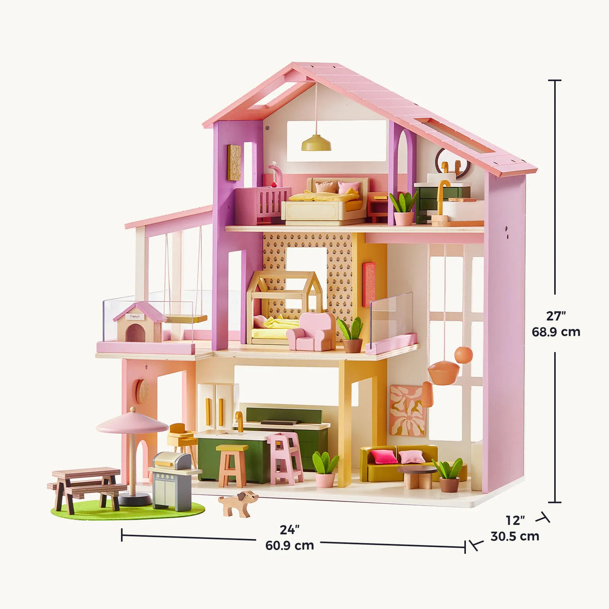 Sweetwood Cottage Dollhouse (48-pc Furniture) featuring three stories, wooden furniture, an outdoor patio set, and a toy dog, measuring 24 inches wide, 12 inches deep, and 27 inches high.