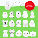 Fifteen white silicone night lights, including Baxter the Bunny, a cat, dog, polar bear, owl, unicorn, koala, penguin, lion, elephant, hippo, fox, chick, pig, and cloud, with the text: More glow. More fun. More LumiPets, your bedtime buddy.