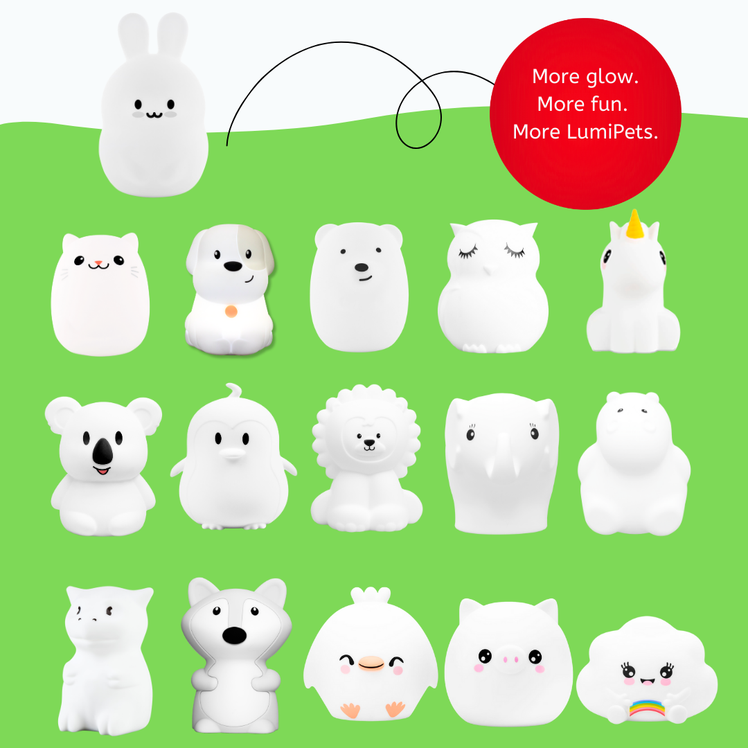 Fifteen white silicone night lights, including Baxter the Bunny, a cat, dog, polar bear, owl, unicorn, koala, penguin, lion, elephant, hippo, fox, chick, pig, and cloud, with the text: More glow. More fun. More LumiPets, your bedtime buddy.