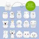 A grid of fifteen white silicone animal-shaped night lights, including Honey the Hippo, cat, dog, rabbit, owl, bear, koala, unicorn, lion, penguin, elephant, fox, chick, pig, and a rainbow cloud acting as a soothing light for kids.