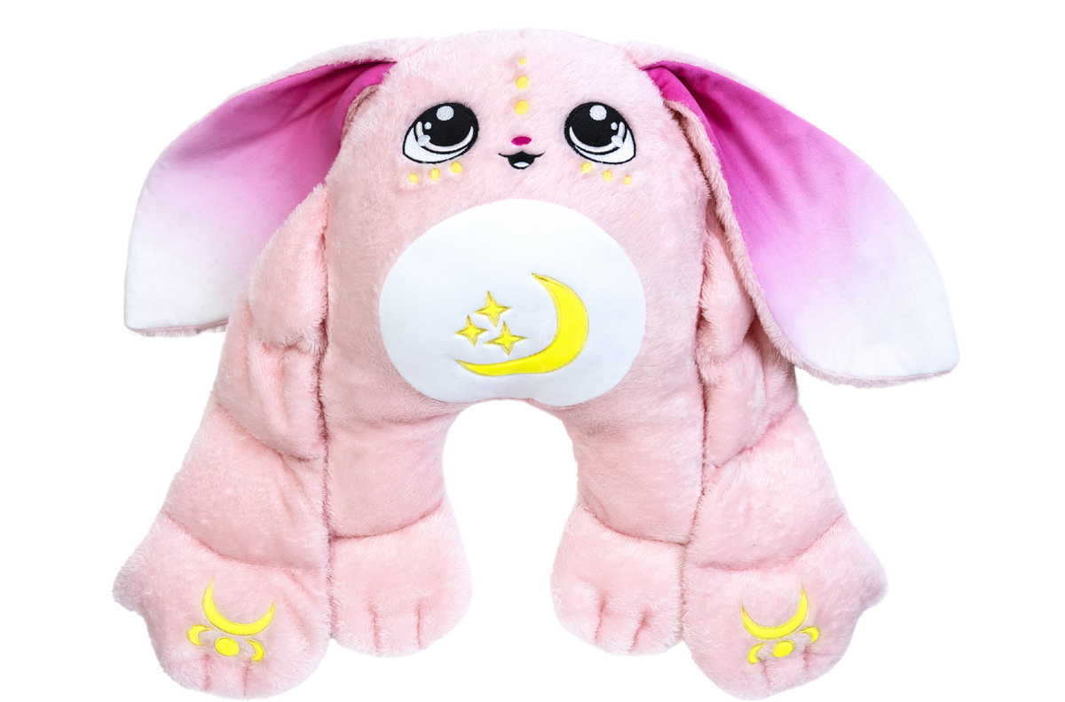 Mylo the Moon Pal – 5 lb Weighted Plush is an ultra-soft, pink rabbit toy with large eyes, long ears, and a crescent moon and star emblem on its belly.