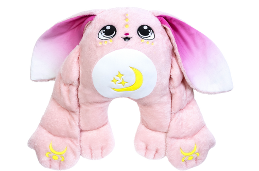 Mylo the Moon Pal – 5 lb Weighted Plush is an ultra-soft, pink rabbit toy with large eyes, long ears, and a crescent moon and star emblem on its belly.