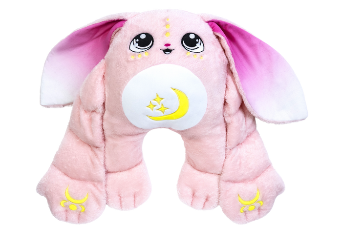 Mylo the Moon Pal – 5 lb Weighted Plush is an ultra-soft, pink rabbit toy with large eyes, long ears, and a crescent moon and star emblem on its belly.